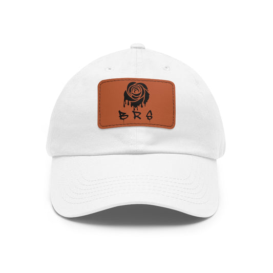 White Dad Hat with Light Brown Leather Patch W/ Black Dripping Rose Logo