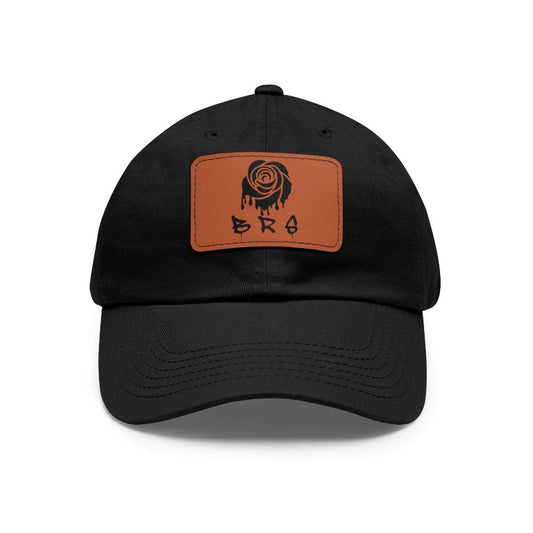 Black Dad Hat with Light Brown Leather Patch W/ Black Dripping Rose Logo