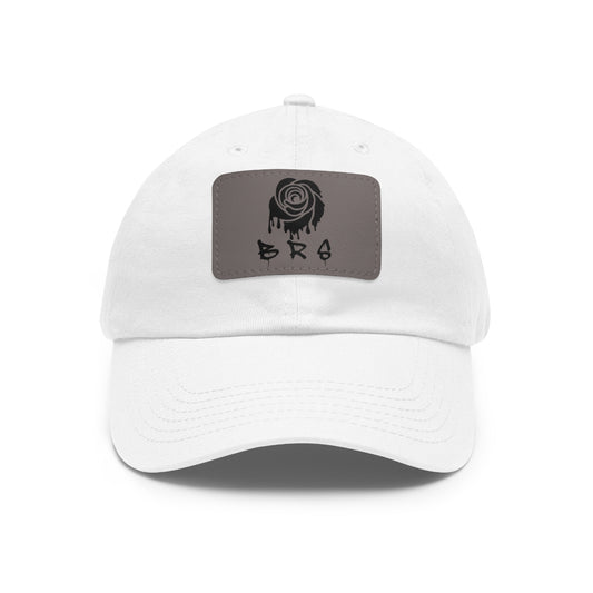 White Dad Hat with Grey Leather Patch W/ Black Dripping Rose Logo